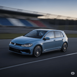 Um Golf GTI Edition 50 na cor vermelha, mostrando seu design esportivo e detalhes exclusivos, com destaque para as rodas e linhas aerodinâmicas.
