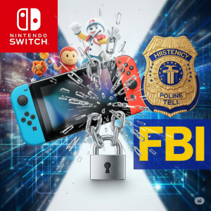 Uma imagem que representa a Nintendo Fecha Pirataria Switch, mostrando elementos de tecnologia, segurança digital e a colaboração entre a Nintendo e o FBI para combater a pirataria de jogos.