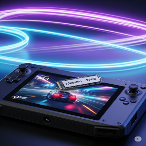 Uma imagem detalhada do Kingston NV3 2230 sobre um console portátil, com a tela do console exibindo um jogo de carregamento rápido.