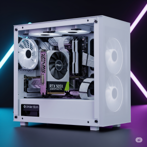 Uma imagem detalhada da PNY RTX 5050 Compacta dentro de um gabinete mini-ITX, destacando seu tamanho reduzido.