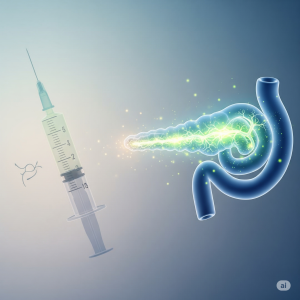 Uma imagem detalhada que representa uma Diabetes Insulina Terapia Inovadora, com um pâncreas estilizado produzindo insulina e uma seringa descartada.