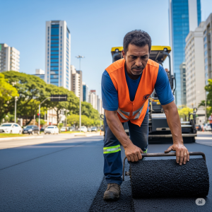 Imagem detalhada de um trabalhador brasileiro colocando Novo Asfalto Curitiba Bairros, com a paisagem urbana de Curitiba ao fundo, representando a melhoria da infraestrutura e mobilidade.
