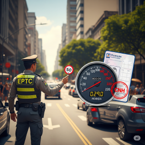 Imagem detalhada que ilustra a EPTC Suspende CNH Velocidade, com um velocímetro mostrando excesso de velocidade e uma CNH sendo suspensa, em um cenário de rua movimentada em Porto Alegre.