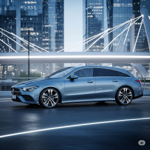 Nova CLA Elétrica Família: Visão lateral da Mercedes-Benz CLA Shooting Brake azul metálico, destacando seu design elegante e moderno em um cenário urbano.