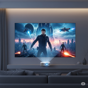 Uma imagem detalhada que representa o Xiaomi Projetor Substitui TV, mostrando um projetor moderno e uma cena de filme vibrante na parede.