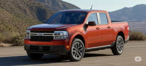 A Ford Maverick 2025 na cor laranja, exibindo seu design frontal renovado com novos faróis e grade, em um cenário de estrada com montanhas ao fundo.