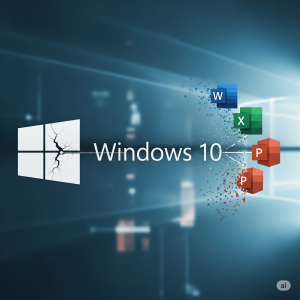 Uma imagem detalhada que representa o fim do suporte para Office 365 Windows 10, com o logo do Windows 10 e ícones do Office 365.