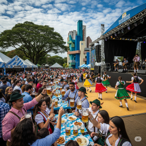 Oktober Curitiba 2025: Uma vibrante cena de festival em Curitiba com elementos da cultura alemã, incluindo pessoas desfrutando de cerveja artesanal e comida típica alemã, um palco com apresentações musicais e dançarinos folclóricos.