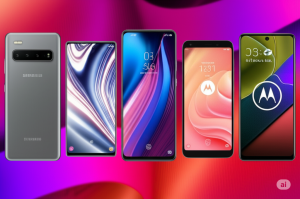 Uma imagem detalhada que representa o Plantão TC Celulares, mostrando três smartphones modernos em destaque, simbolizando as notícias sobre POCO, Samsung e Motorola.