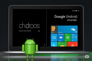 Google Unifica Android ChromeOS: Um laptop mostrando as telas de boot e a interface combinada do Android e ChromeOS, com o mascote Android ao lado, em um fundo escuro com reflexos.