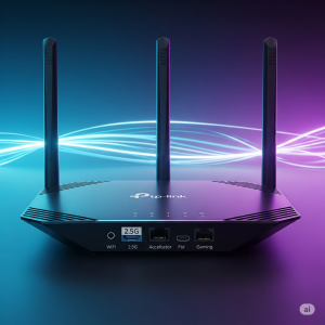 Uma imagem detalhada do TP-Link Roteador WiFi 7 com porta 2.5G e acelerador de jogos, em um fundo futurista.