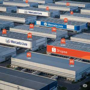 Meli Shopee Galpões Logísticos: Visão aérea de um centro de distribuição com galpões ostentando as cores e logos estilizados de Mercado Livre e Shopee, representando a competição por espaço logístico.