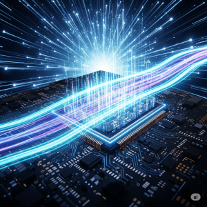 Uma imagem detalhada que representa os SSDs PCIe 6.0, mostrando um componente de hardware futurista com fluxos de dados luminosos, simbolizando alta velocidade.