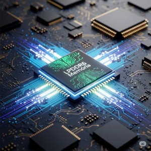Uma imagem de alta tecnologia simbolizando a LPDDR6 Memória RAM, com um chip futurista, caminhos de dados brilhantes e representações de eficiência energética e alto desempenho.