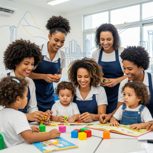 Uma imagem detalhada do PSS Professores Curitiba em ação, mostrando professores brasileiros de Educação Infantil interagindo com crianças em uma sala de aula moderna em Curitiba.