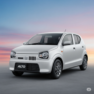 Uma lição para os carros populares brasileiros: hatch Suzuki Alto é relançado no Japão com consumo de 28 km/l, visual renovado e preço equivalente a R$ 42 mil, mostrando um Suzuki Alto moderno com design renovado e um fundo vibrante.