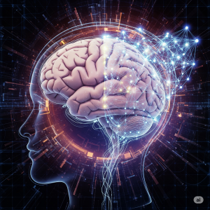 IA Preve Decisões Humanas: Ilustração de um cérebro humano integrado a uma rede neural artificial brilhante sobre um fundo tecnológico abstrato.