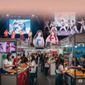 Uma cena vibrante e colorida de uma Feira Coreana Curitiba Gratuita, com pessoas interagindo em estandes de comida, elementos de K-Pop e apresentações de dança tradicional.