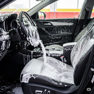 Uma imagem detalhada do interior de um carro sendo limpo com Espuma Mágica Pro Auto, mostrando assentos e painel brilhando.