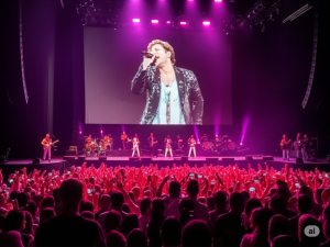 Luan Santana DVD Curitiba: Imagem de Luan Santana cantando em um palco iluminado durante a gravação de seu DVD em Curitiba, com uma grande plateia ao fundo.