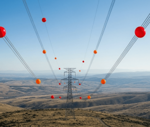 Uma imagem ilustra várias esferas sinalizadoras aéreas coloridas, predominantemente laranjas e vermelhas, presas a cabos de alta tensão contra um céu azul, destacando sua função de visibilidade.
