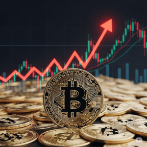 Uma moeda de Bitcoin dourada em destaque no primeiro plano, cercada por uma grande quantidade de outras moedas de Bitcoin. Ao fundo, um gráfico financeiro com uma linha de tendência ascendente e uma seta vermelha apontando para cima, simbolizando a valorização da criptomoeda.