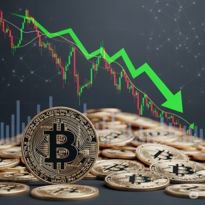 Uma moeda de Bitcoin dourada em destaque no primeiro plano, cercada por uma grande quantidade de outras moedas de Bitcoin. Ao fundo, um gráfico financeiro com uma linha de tendência descendente e uma seta verde apontando para baixo, simbolizando a desvalorização da cripto moeda.