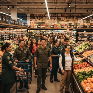 A imagem mostra um corredor de supermercado movimentado, com clientes e funcionários, incluindo alguns em uniformes militares brasileiros que sutilmente auxiliam, ilustrando como Supermercados recrutam Exército vagas para suprir a demanda de mão de obra.