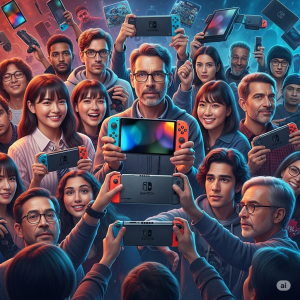 Switch 2 sucesso Nintendo. Imagem vibrante e dinâmica que ilustra a alta demanda e o entusiasmo pelo Nintendo Switch 2, com representações abstratas de pessoas interagindo ou antecipando o console, em um fundo colorido e chamativo.