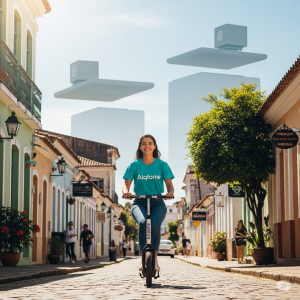 Aiqfome estratégia delivery: Uma entregadora brasileira em uma scooter, representando a Aiqfome, navegando por uma charmosa rua de cidade pequena, com grandes plataformas de delivery em segundo plano, simbolizando a estratégia de crescimento.