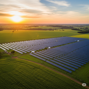Uma vasta paisagem rural com painéis solares modernos substituindo plantações, representando o Agronegócio energia solar.