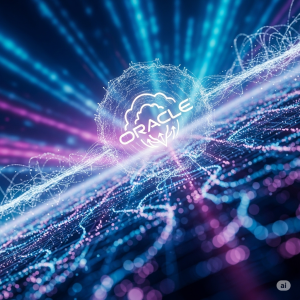 Uma representação vibrante e detalhada do Oracle contrato nuvem 30 bi, com elementos abstratos de fluxo de dados e computação em nuvem, e um fundo chamativo em tons de azul e roxo.