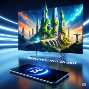 Uma imagem que representa o Sony retorno Brasil, mostrando um smartphone 5G e uma TV 8K em um fundo futurista com elementos brasileiros.