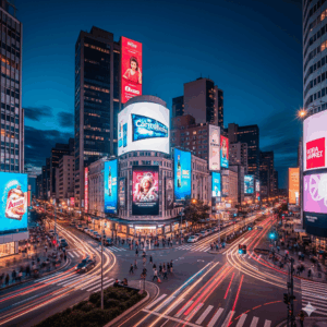 Uma foto noturna e vibrante de um centro urbano movimentado com grandes painéis digitais iluminados, representando a times square brasileira paraná.